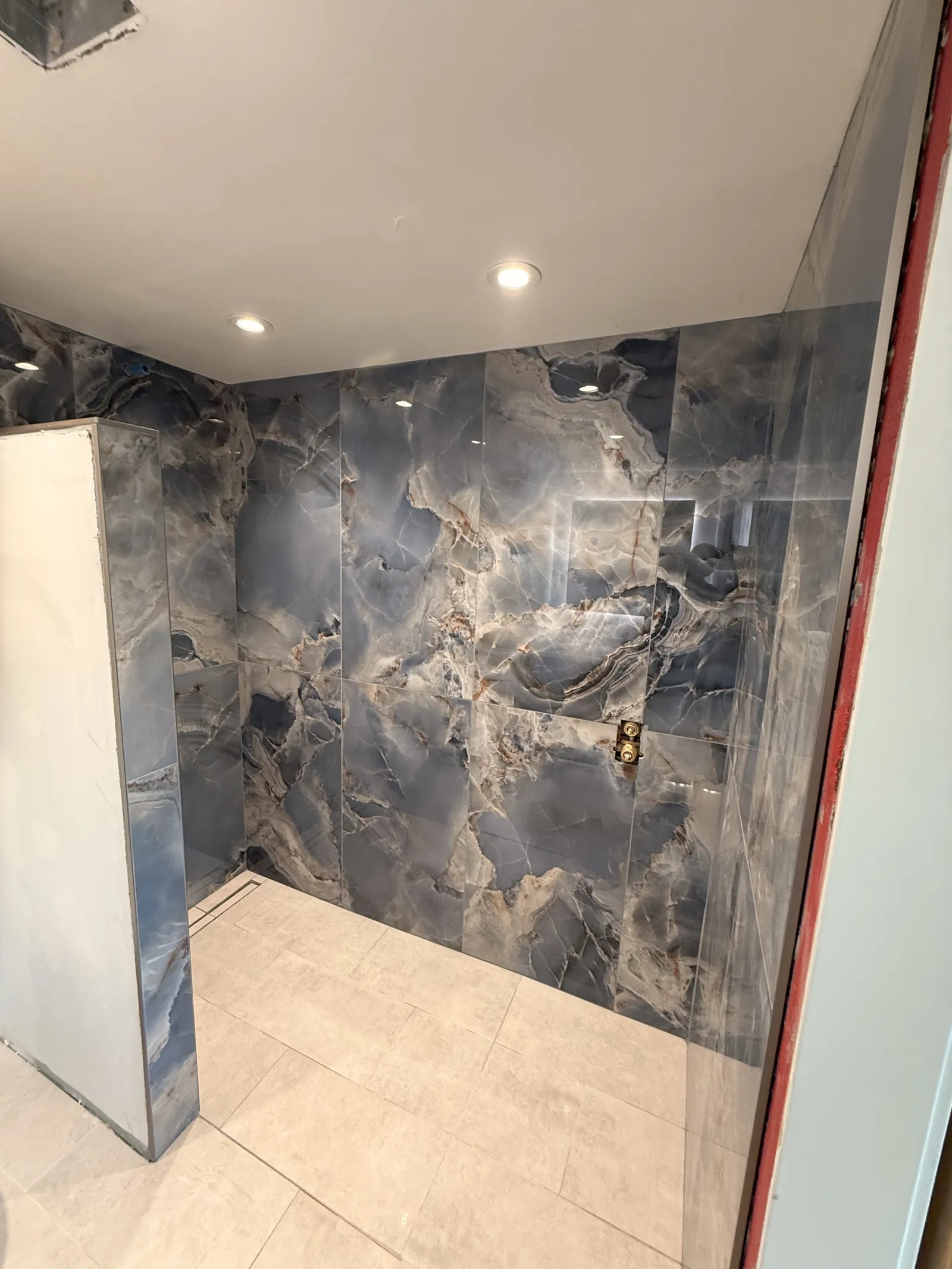 Curbless shower in a Calgary bathroom in large-format dark marble-look porcelain