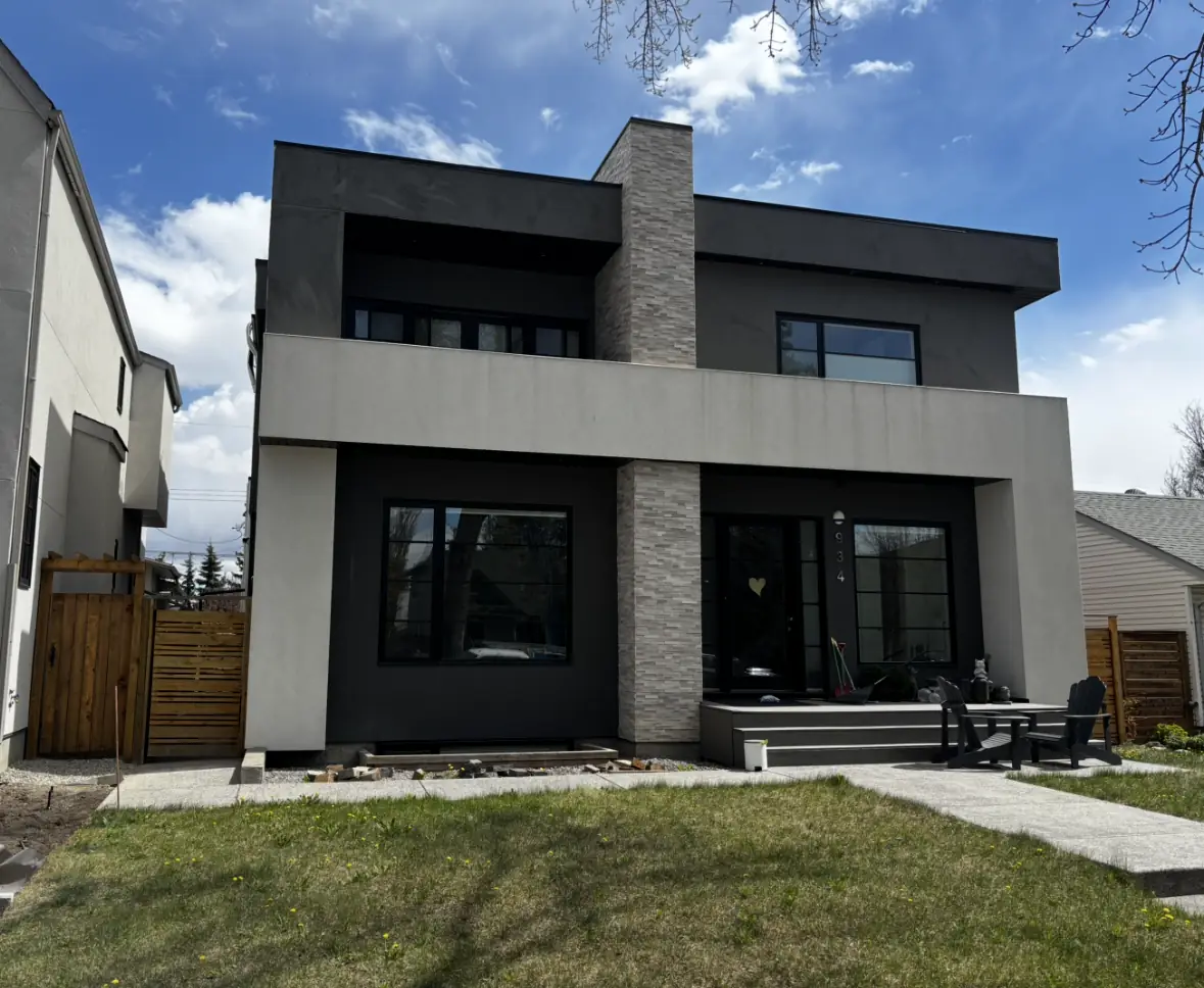 Front elevation of a Calgary infill home before the full acrylic stucco application