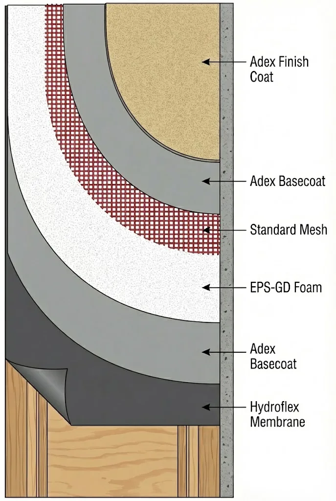 EIFS stucco system diagram showing foam, mesh, and acrylic finish layers