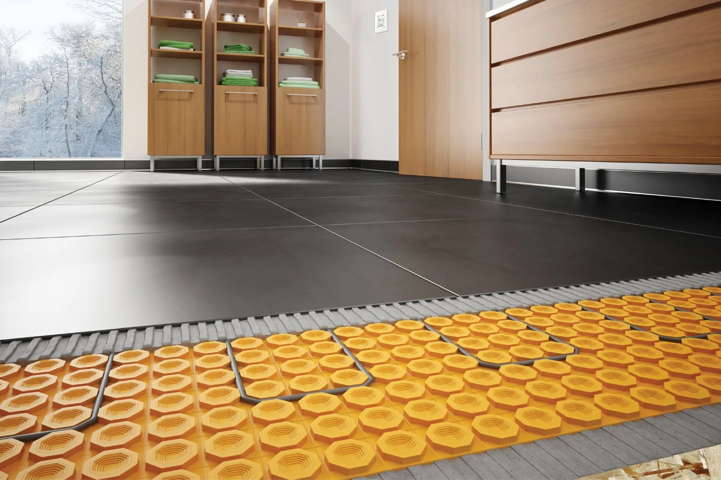 Schluter Ditra-Heat uncoupling membrane for radiant heated tile floor in Calgary