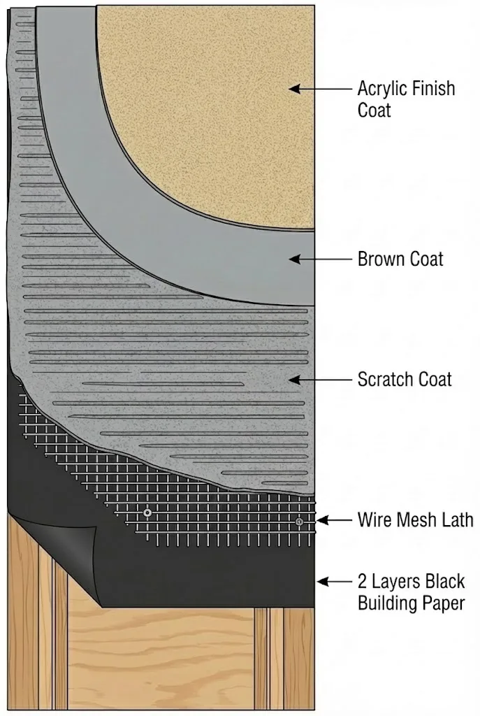 Traditional cement stucco system diagram showing three-coat application