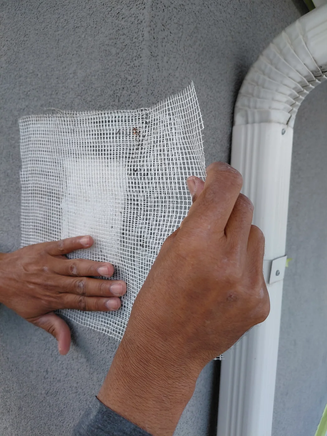 Fibreglass mesh being embedded in base coat over the woodpecker repair by hand